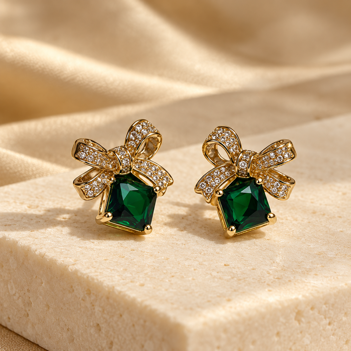 Emerald Green Bow Earrings | Premium Demi-Fine Anti-Tarnish Gold Earrings