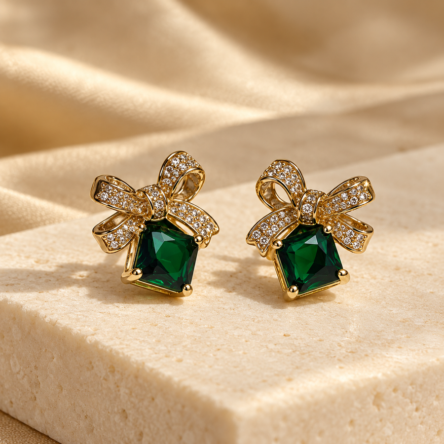 Emerald Green Bow Earrings | Premium Demi-Fine Anti-Tarnish Gold Earrings